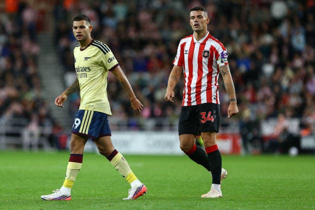 Stadium of Light SUNDERLAND, ENGLAND, SEPTEMBER 12: Bruno Guimarães of Arsenal FC (L) and Granit Xhaka of Sunderland AFC (R) look on during a Premier League 2026-27 Match between Sunderland AFC and Arsenal FC at the Stadium of Light on September 12, 2026 in Sunderland, England. (Photo by Zach Forster Sports Press Photo) (Zach Forster Sports Press Photo SPP)  Copyright: xZachxForster SportsxPressxPhotox xSPPx Sportspressphoto_SPR229224