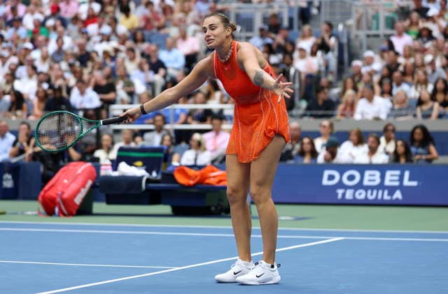 US Open tennis tournament - Day 14 Aryna Sabalenka of Belarus gestures as she plays against Elena Rybakina of Kazakhstan during the Women’s Singles Finals of the US Open Tennis Championships in Flushing Meadows, New York, USA, 12 September 2026. FLUSHING MEADOWS NEW YORK United States  Copyright: xSARAHxYENESELx