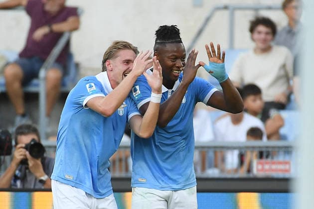 SOCCER - Serie A - SS Lazio vs. AC Milan Photo by IPA ABACAPRESS.COM88451261 - Lazio s Tijjani Noslin and Lazio s Kenneth Taylor celebrate after scoring the goal that made the score 2-0 during the 2026 2027 Italian Serie A match between SS Lazio and AC Milan at the Olympic Stadium in Rome on September 12, 2026. Rome Italy  Copyright: xIPAxSport ABACAx