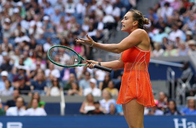 US Open tennis tournament - Day 14 Aryna Sabalenka of Belarus gestures as she plays against Elena Rybakina of Kazakhstan during the Women’s Singles Finals of the US Open Tennis Championships in Flushing Meadows, New York, USA, 12 September 2026. FLUSHING MEADOWS NEW YORK United States  Copyright: xSARAHxYENESELx