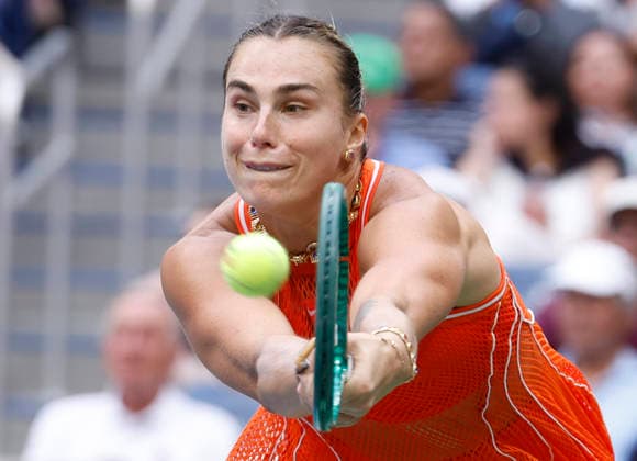 Aryna Sabalenka of Belarus reaches to return the ball to Elena Rybakina of Kazakhstan in the second set of the Women s Finals match in Arthur Ashe Stadium at the 2026 US Open Tennis Championship at the USTA Billie Jean King National Tennis Center in New York City on Saturday, September 12, 2026.  NYP20260912841 JOHNxANGELILLO
