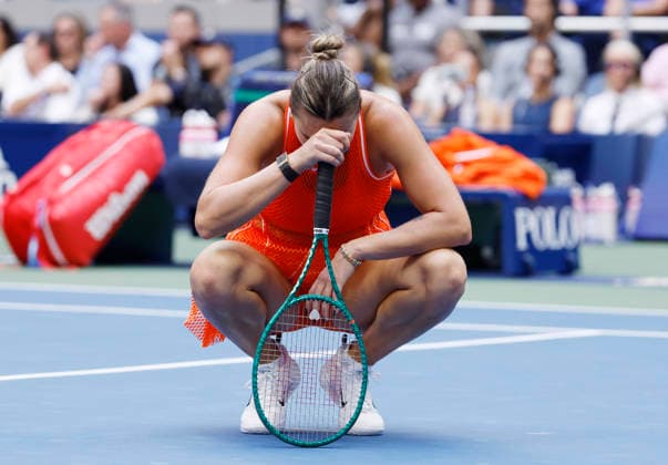 Aryna Sabalenka of Belarus reacts after losing a point against Elena Rybakina of Kazakhstan in the second set of the Women s Finals match in Arthur Ashe Stadium at the 2026 US Open Tennis Championship at the USTA Billie Jean King National Tennis Center in New York City on Saturday, September 12, 2026.  NYP20260912844 JOHNxANGELILLO