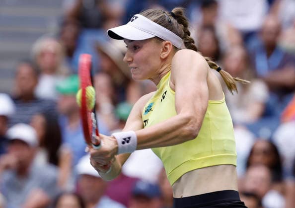 Elena Rybakina of Kazakhstan hits a backhand return to Aryna Sabalenka of Belarus in the second set of the Women s Finals match in Arthur Ashe Stadium at the 2026 US Open Tennis Championship at the USTA Billie Jean King National Tennis Center in New York City on Saturday, September 12, 2026.  NYP20260912839 JOHNxANGELILLO