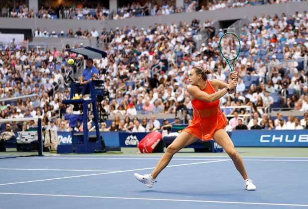 Aryna Sabalenka of Belarus returns the ball to Elena Rybakina of Kazakhstan in the third set of the Women s Finals match in Arthur Ashe Stadium at the 2026 US Open Tennis Championship at the USTA Billie Jean King National Tennis Center in New York City on Saturday, September 12, 2026.  NYP20260912854 JOHNxANGELILLO