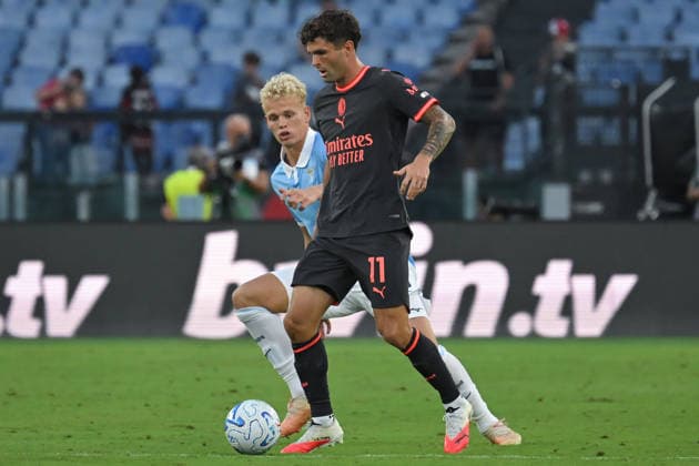 Soccer, Serie A match , Lazio v Milan Oliver Provstgaard os SS Lazio,Christian Pulisic of Milan during the Serie A match between Lazio v Milan at Olympic stadium. Rome (Italy), September 12h, 2026 Imago-Images Emmefoto Copyright: xImago-Images Emmefotox