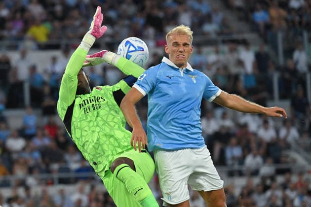 Soccer, Serie A match , Lazio v Milan Mike Maignan of Milan,Gustav Isaksen of SS Lazio during the Serie A match between Lazio v Milan at Olympic stadium. Rome (Italy), September 12h, 2026 Imago-Images Emmefoto Copyright: xImago-Images Emmefotox