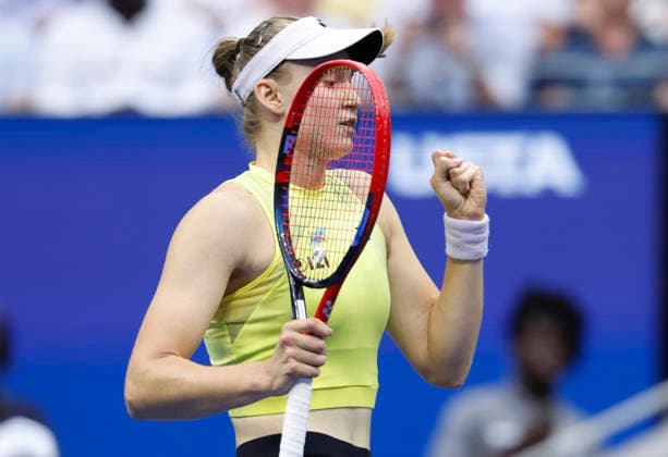 Elena Rybakina of Kazakhstan celebrates after winning the fifth game in the third set against Aryna Sabalenka of Belarus in the Women s Finals match in Arthur Ashe Stadium at the 2026 US Open Tennis Championship at the USTA Billie Jean King National Tennis Center in New York City on Saturday, September 12, 2026.  NYP20260912860 JOHNxANGELILLO