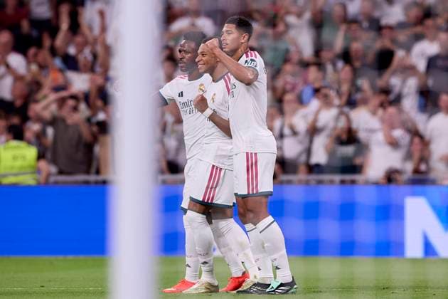 September 12, 2026, Madrid, Spain: (From L to R) Vinicius Junior, Kylian Mbappe and Jude Bellingham (Real Madrid CF) celebrate a goal during the LaLiga EA SPORTS 2026 2027 match between Real Madrid CF and Rayo Vallecano.Final score: Real Madrid 4-1 Rayo Vallecano Madrid Spain - ZUMAs197 20260912_aaa_s197_344 Copyright: xFedericoxTitonex