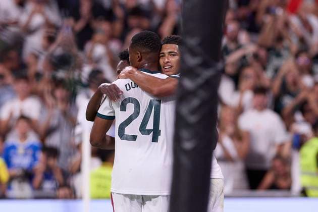 September 12, 2026, Madrid, Spain: (From L to R) Vinicius Junior, Denzel Dumfries and Jude Bellingham (Real Madrid CF) celebrate a goal during the LaLiga EA SPORTS 2026 2027 match between Real Madrid CF and Rayo Vallecano.Final score: Real Madrid 4-1 Rayo Vallecano Madrid Spain - ZUMAs197 20260912_aaa_s197_340 Copyright: xFedericoxTitonex