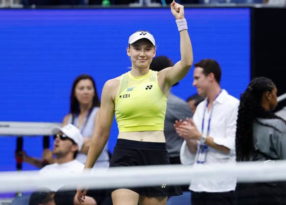 Elena Rybakina of Kazakhstan celebrates after defeating Aryna Sabalenka of Belarus in the Women s Finals match in Arthur Ashe Stadium at the 2026 US Open Tennis Championship at the USTA Billie Jean King National Tennis Center in New York City on Saturday, September 12, 2026. Rybakina won with a score of 6-4, 5-7, 6-2.  NYP20260912864 JOHNxANGELILLO