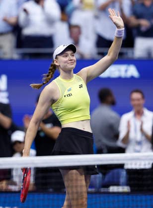 Elena Rybakina of Kazakhstan celebrates after defeating Aryna Sabalenka of Belarus in the Women s Finals match in Arthur Ashe Stadium at the 2026 US Open Tennis Championship at the USTA Billie Jean King National Tennis Center in New York City on Saturday, September 12, 2026. Rybakina won with a score of 6-4, 5-7, 6-2.  NYP20260912867 JOHNxANGELILLO