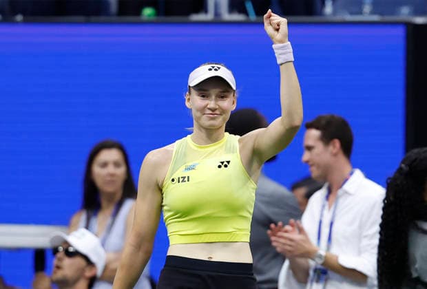 Elena Rybakina of Kazakhstan celebrates after defeating Aryna Sabalenka of Belarus in the Women s Finals match in Arthur Ashe Stadium at the 2026 US Open Tennis Championship at the USTA Billie Jean King National Tennis Center in New York City on Saturday, September 12, 2026. Rybakina won with a score of 6-4, 5-7, 6-2.  NYP20260912868 JOHNxANGELILLO