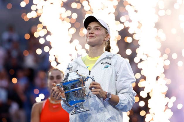 Elena Rybakina of Kazakhstan holds her trophy after defeating Aryna Sabalenka of Belarus in the Women s Finals match in Arthur Ashe Stadium at the 2026 US Open Tennis Championship at the USTA Billie Jean King National Tennis Center in New York City on Saturday, September 12, 2026. Rybakina won with a score of 6-4, 5-7, 6-2.  NYP20260912870 JOHNxANGELILLO