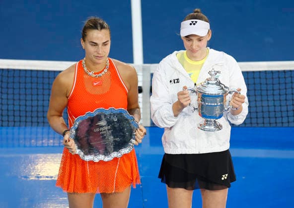 Elena Rybakina of Kazakhstan (R) stands with Aryna Sabalenka of Belarus after winning the Women s Finals match in Arthur Ashe Stadium at the 2026 US Open Tennis Championship at the USTA Billie Jean King National Tennis Center in New York City on Saturday, September 12, 2026. Rybakina won with a score of 6-4, 5-7, 6-2.  NYP20260912873 COREYxSIPKIN