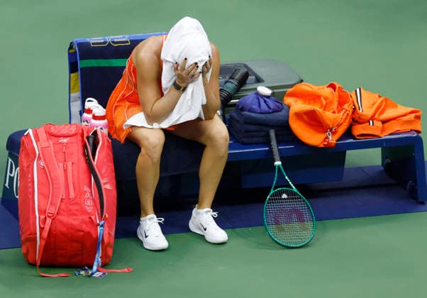 Aryna Sabalenka of Belarus covers her head on her bench after losing to Elena Rybakina of Kazakhstan in the Women s Finals match in Arthur Ashe Stadium at the 2026 US Open Tennis Championship at the USTA Billie Jean King National Tennis Center in New York City on Saturday, September 12, 2026. Rybakina won with a score of 6-4, 5-7, 6-2.  NYP20260912875 COREYxSIPKIN