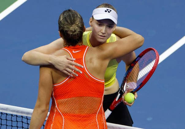 Elena Rybakina of Kazakhstan is congratulated by Aryna Sabalenka of Belarus after their Women s Finals match in Arthur Ashe Stadium at the 2026 US Open Tennis Championship at the USTA Billie Jean King National Tennis Center in New York City on Saturday, September 12, 2026. Rybakina won with a score of 6-4, 5-7, 6-2.  NYP20260912877 COREYxSIPKIN
