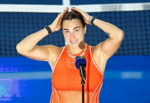 Aryna Sabalenka of Belarus addresses the crowd after losing to Elena Rybakina of Kazakhstan in the Women s Finals match in Arthur Ashe Stadium at the 2026 US Open Tennis Championship at the USTA Billie Jean King National Tennis Center in New York City on Saturday, September 12, 2026. Rybakina won with a score of 6-4, 5-7, 6-2.  NYP20260912879 COREYxSIPKIN