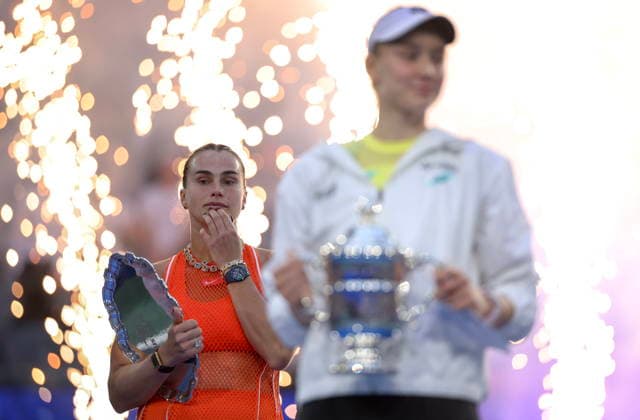US Open tennis tournament - Day 14 Aryna Sabalenka (L) of Belarus stands with the runner up trophy after losing the Women™s Singles Finals of the US Open Tennis Championships in Flushing Meadows, New York, USA, 12 September 2026. FLUSHING MEADOWS NEW YORK United States  Copyright: xSARAHxYENESELx