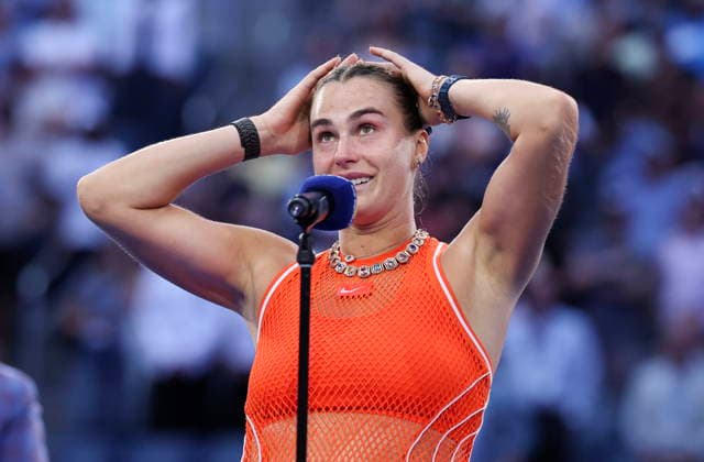 US Open tennis tournament - Day 14 Aryna Sabalenka of Belarus speaks during the trophy ceremony after losing in the Women’s Singles Finals to Elena Rybakina of Kazakhstan in the US Open Tennis Championships in Flushing Meadows, New York, USA, 12 September 2026. FLUSHING MEADOWS NEW YORK United States  Copyright: xSARAHxYENESELx