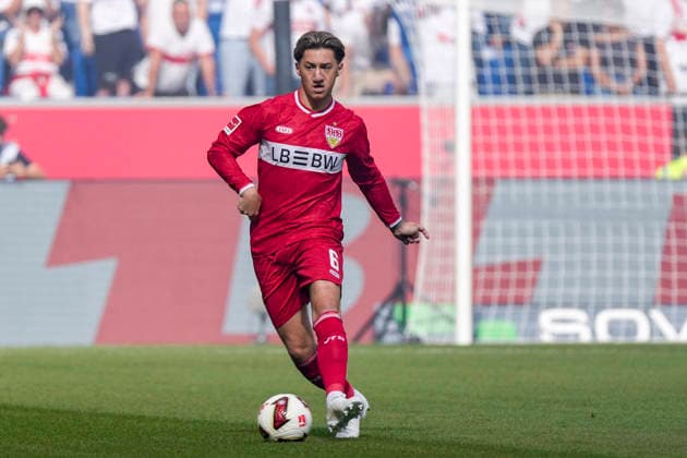 Angelo Stiller (VfB, 6),l am Ball, Freisteller, Ganzkörper, Einzelbild, Einzelfoto, Aktion, Action, 12.09.2026, Sinsheim (Deutschland), Fussball, Bundesliga, TSG 1899 Hoffenheim - VfB Stuttgart, DFB DFL REGULATIONS PROHIBIT ANY USE OF PHOTOGRAPHS AS IMAGE SEQUENCES AND OR QUASI-VIDEO. *** Angelo Stiller (VfB), 6, with the ball, isolated figure, full-body shot, single frame, single photo, action, September 12, 2026, Sinsheim, Germany, soccer, Bundesliga, TSG 1899 Hoffenheim vs. VfB Stuttgart, DFB and DFL regulations prohibit any use of photographs as image sequences and or quasi-video xozx
