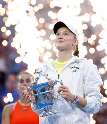 Elena Rybakina of Kazakhstan holds the championship trophy after defeating Aryna Sabalenka of Belarus in the Women s Finals match in Arthur Ashe Stadium at the 2026 US Open Tennis Championship at the USTA Billie Jean King National Tennis Center in New York City on Saturday, September 12, 2026. Rybakina won with a score of 6-4, 5-7, 6-2.  NYP20260913001 JOHNxANGELILLO