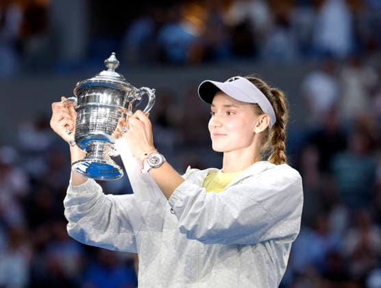 Elena Rybakina of Kazakhstan holds the championship trophy after defeating Aryna Sabalenka of Belarus in the Women s Finals match in Arthur Ashe Stadium at the 2026 US Open Tennis Championship at the USTA Billie Jean King National Tennis Center in New York City on Saturday, September 12, 2026. Rybakina won with a score of 6-4, 5-7, 6-2.  NYP20260913002 JOHNxANGELILLO