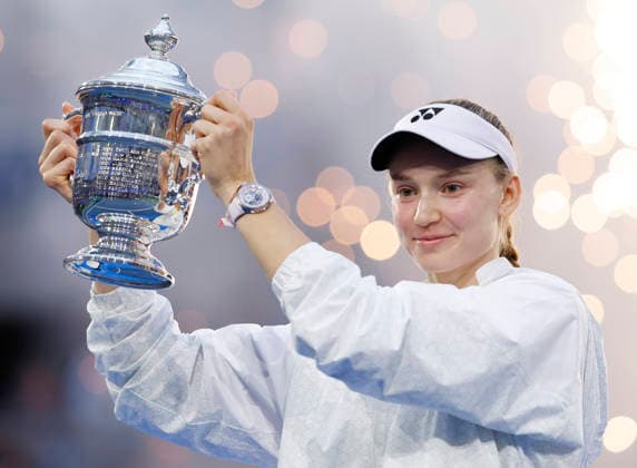 Elena Rybakina of Kazakhstan holds the championship trophy after defeating Aryna Sabalenka of Belarus in the Women s Finals match in Arthur Ashe Stadium at the 2026 US Open Tennis Championship at the USTA Billie Jean King National Tennis Center in New York City on Saturday, September 12, 2026. Rybakina won with a score of 6-4, 5-7, 6-2.  NYP20260913006 JOHNxANGELILLO