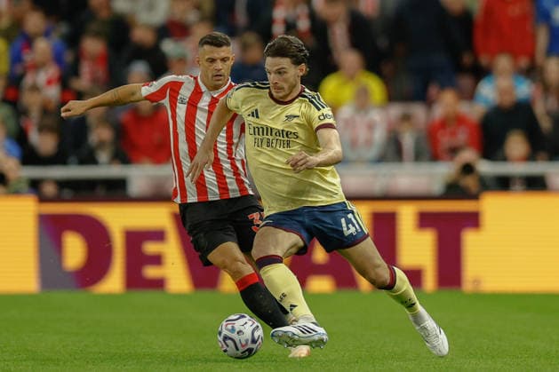 Sunderland v Arsenal, Premier League Declan Rice of Arsenal turns Granit Xhaka of Sunderland during the Sunderland v Arsenal Premier League match at the Stadium of Light, Sunderland, England on 12 September 2026 Credit: Craig Cowan Every Second Media Editorial use only. All images are copyright Every Second Media Limited. No images may be reproduced without prior permission. All rights reserved. Premier League and Football League images are subject to licensing agreements with Football DataCo Limited. see https: www.football-dataco.com Copyright: xIMAGO EveryxSecondxMediax ESM-2157-0152 CraigxCowanx xEveryxSecondxMediax