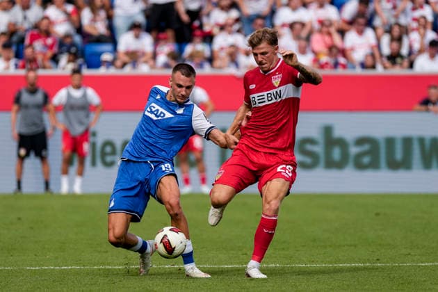 v.li.: Tim Lemperle (Hoffenheim, 19), Finn Jeltsch (VfB, 29), Zweikampf, Spielszene, Duell, duel, tackle, tackling, Dynamik, Action, Aktion, 12.09.2026, Sinsheim (Deutschland), Fussball, Bundesliga, TSG 1899 Hoffenheim - VfB Stuttgart, DFB DFL REGULATIONS PROHIBIT ANY USE OF PHOTOGRAPHS AS IMAGE SEQUENCES AND OR QUASI-VIDEO. *** v li Tim Lemperle Hoffenheim, 19, Finn Jeltsch VfB, 29, tackle, game scene, duel, tackle, tackling, dynamics, action, 12 09 2026, Sinsheim, Germany, soccer, Bundesliga, TSG 1899 Hoffenheim vs. VfB Stuttgart, DFB and DFL regulations prohibit any use of photographs as image sequences and or quasi-video xozx