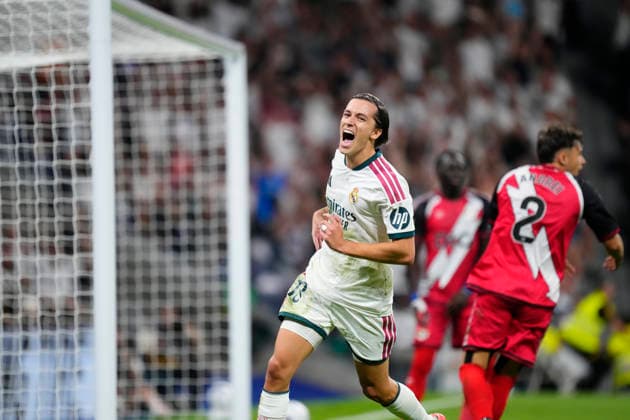 Real Madrid v Rayo Vallecano de Madrid - LaLiga EA Sports 2026 27 Alvaro Carreras left-back of Real Madrid and Spain celebrates after scoring his sides first goal during the LaLiga EA Sports 2026 27 match between Real Madrid and Rayo Vallecano de Madrid at Estadio Santiago Bernabeu on September 12, 2026 in Madrid, Spain. Madrid Spain  Copyright: xJosexBretonx originalFilename:bretonhernandez-realmadr260912_npbKI.jpg