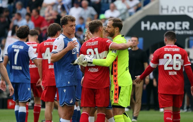 12.09.26 TSG 1899 Hoffenheim - VfB Stuttgart Deutschland, Sinsheim, 12.09.2026, Fussball, Bundesliga, Saison 2026 2027, TSG 1899 Hoffenheim - VfB Stuttgart: v.l. Grischa Prömel (VfB Stuttgart), Oliver Baumann (TSG 1899 Hoffenheim). *** September 12, 2026 TSG 1899 Hoffenheim vs. VfB Stuttgart Germany, Sinsheim, September 12, 2026, Soccer, Bundesliga, 2026–2027 Season, TSG 1899 Hoffenheim vs. VfB Stuttgart; from left: Grischa Prömel (VfB Stuttgart), Oliver Baumann (TSG 1899 Hoffenheim)