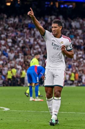 September 12, 2026, Madrid, Madrid, Spain: 5 JUDE BELLINGHAM of Real Madrid CF celebrates a goal during the match on Matchday 5 of the 2026 27 National League First Division Championship between REAL MADRID C.F. 4 and RAYO VALLECANO 1, played at the Bernabo u Stadium on September 12, 2026, in Madrid, Spain. Madrid Spain - ZUMAc312 20260912_zsp_c312_147 Copyright: xOscarxManuelxSanchezx