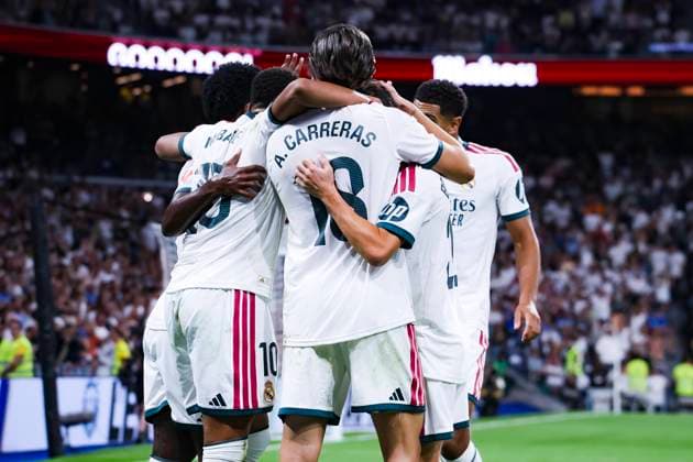 September 12, 2026, Estadio Santiago Bernabeu, Madrid, Spain: Alvaro Carreras of Real Madrid celebrates his goal with his teammates during La Liga EA Sports match between Real Madrid and Rayo Vallecano at Estadio Santiago Bernabeu on September 12, 2026 in Madrid, Spain. Real Madrid vs Rayo Vallecano 900 Cordon Press  900 CordonxPress LOF - Real Madrid vs Rayo Vallecano