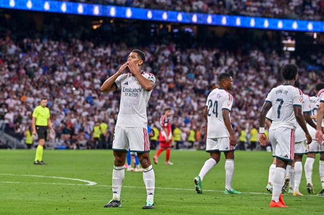 September 12, 2026, Madrid, Madrid, Spain: 5 JUDE BELLINGHAM of Real Madrid CF celebrates a goal during the match on Matchday 5 of the 2026 27 National League First Division Championship between REAL MADRID C.F. 4 and RAYO VALLECANO 1, played at the Bernabo u Stadium on September 12, 2026, in Madrid, Spain. Madrid Spain - ZUMAc312 20260912_zsp_c312_199 Copyright: xOscarxManuelxSanchezx