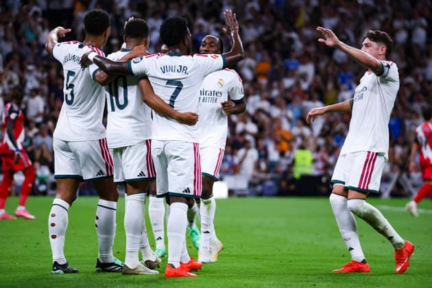 Real Madrid v Rayo Vallecano - La Liga EA Sports 2026 27 September 12, 2026, Estadio Santiago Bernabeu, Madrid, Spain: Kylian Mbappe celebrates his goal with Vinicius Junior, Jude Bellingham, Federico Valverde and Yan Diomande of Real Madrid during La Liga EA Sports match between Real Madrid and Rayo Vallecano at Estadio Santiago Bernabeu on September 12, 2026 in Madrid, Spain. Madrid Estadio Santiago Bernabeu Madrid Spain *** Real Madrid vs. Rayo Vallecano, La Liga EA Sports 2026, September 12, 2026, Santiago Bernabéu Stadium, Madrid, Spain. Kylian Mbappé celebrates his goal with Vinicius Júnior, Jude Bellingham, Federico Valverde, and Yan Diomande of Real Madrid during the La Liga EA Sports match between Real Madrid and Rayo Vallecano at Santiago Bernabéu Stadium on September 12, 2026, in Madrid, Spain Madrid Santiago Bernabéu Stadium Madrid Spain Copyright: xAlejandroxMatiasxAcostax