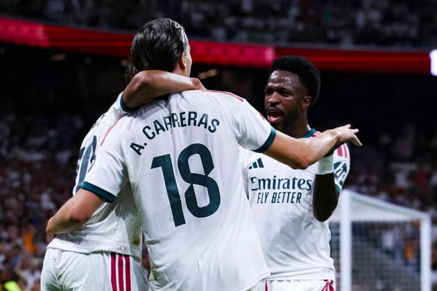 Real Madrid v Rayo Vallecano - La Liga EA Sports 2026 27 September 12, 2026, Estadio Santiago Bernabeu, Madrid, Spain: Alvaro Carreras of Real Madrid celebrates his goal with Kylian Mbappe and Vinicius Junior during La Liga EA Sports match between Real Madrid and Rayo Vallecano at Estadio Santiago Bernabeu on September 12, 2026 in Madrid, Spain. Madrid Estadio Santiago Bernabeu Madrid Spain *** Real Madrid vs. Rayo Vallecano, La Liga EA Sports 2026, September 12, 2026, Santiago Bernabéu Stadium, Madrid, Spain Álvaro Carreras of Real Madrid celebrates his goal with Kylian Mbappé and Vinícius Júnior during the La Liga EA Sports match between Real Madrid and Rayo Vallecano at the Santiago Bernabéu Stadium on September 12, 2026, in Madrid, Spain Madrid Santiago Bernabéu Stadium Madrid Spain Copyright: xAlejandroxMatiasxAcostax
