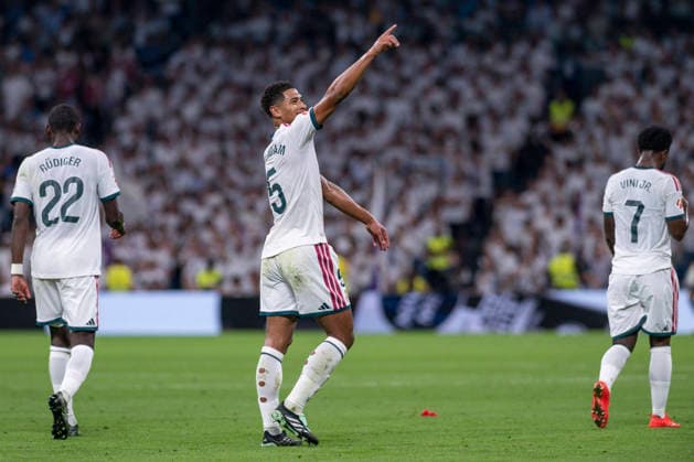 September 12, 2026, Madrid, Madrid, Spain: 5 JUDE BELLINGHAM of Real Madrid CF celebrates a goal during the match on Matchday 5 of the 2026 27 National League First Division Championship between REAL MADRID C.F. 4 and RAYO VALLECANO 1, played at the Bernabo u Stadium on September 12, 2026, in Madrid, Spain. Madrid Spain - ZUMAc312 20260912_zsp_c312_194 Copyright: xOscarxManuelxSanchezx