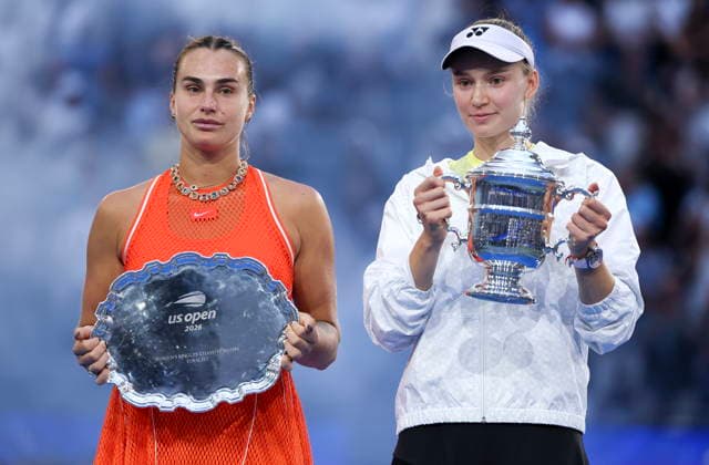 US Open tennis tournament - Day 14 epaselect Elena Rybakina (R) of Kazakhstan poses with the Champions trophy next to Aryna Sabalenka of Belarus after winning the Women’s Singles Finals of the US Open Tennis Championships in Flushing Meadows, New York, USA, 12 September 2026. FLUSHING MEADOWS NEW YORK United States  Copyright: xSARAHxYENESELx