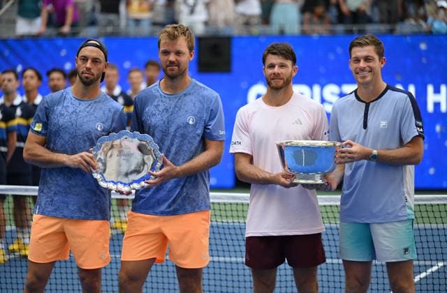 (260913) -- NEW YORK, Sept. 13, 2026 -- Christian Harrison (the United States, 2nd L) Neal Skupski (Britain, 2nd R) and Kevin Krawietz (1st L) Tim Puetz of Germany pose for photos during the awarding ceremony after their men s doubles final match at the 2026 US Open tennis championships in New York, the United States, Sept. 12, 2026. ) (SP)U.S.-NEW YORK-TENNIS-US OPEN-MEN S DOUBLES-FINAL LixRui 