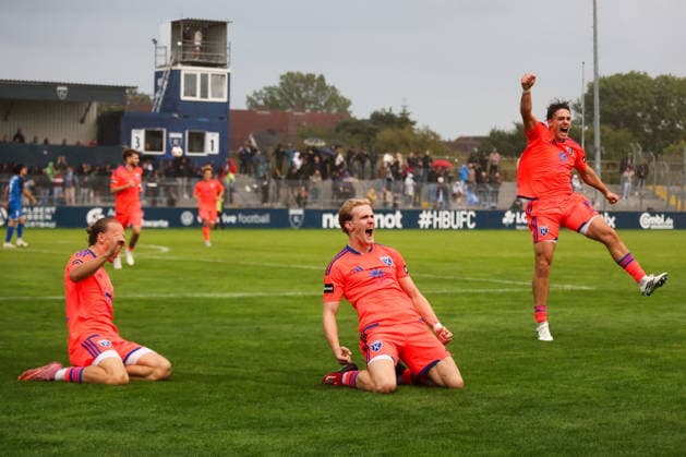 September 12, 2026, Soccer, Men s, Regionalliga Nord, Matchday 8, BSV Kickers Emden vs. SSV Jeddeloh II: Celebrating the 4–1 goal by Theo Schröder (No. 9, orange) of BSV Kickers Emden; Matti Tjaden (left, orange) of BSV Kickers Emden; and Ole Kühling (No. 34, orange) of BSV Kickers Emden