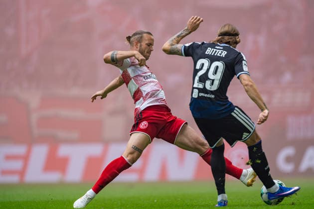 Jorrit Hendrix (Fortuna Düsseldorf), No. 08, in a tackle against Joshua Bitter (MSV Duisburg), No. 29, with his leg outstretched; Fortuna Düsseldorf vs. MSV Duisburg, soccer, 3. Liga, Matchday 05, 2026–27 season, September 12, 2026, DFL regulations prohibit any use of photographs as image sequences and or quasi-video; Fortuna Düsseldorf vs. MSV Duisburg, soccer, 3rd League, Matchday 5, 2026–27 season, September 12, 2026, Düsseldorf Copyright: xEibner-Pressefoto LukasxBaldygax EP_LBA