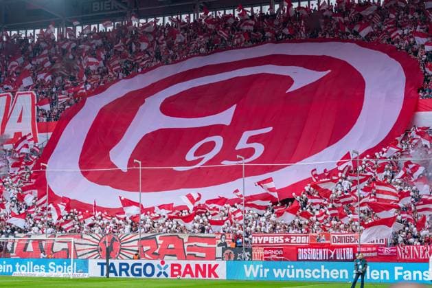 F95 crest in the fan section, choreographed display: Fortuna Düsseldorf vs. MSV Duisburg, soccer, 3. Liga, Matchday 5, 2026–27 season, September 12, 2026, DFL regulations prohibit any use of photographs as image sequences and or quasi-video, Fortuna Düsseldorf vs. MSV Duisburg, soccer, 3rd League, Matchday 5, 2026–27 season, September 12, 2026, Düsseldorf Copyright: xEibner-Pressefoto LukasxBaldygax EP_LBA