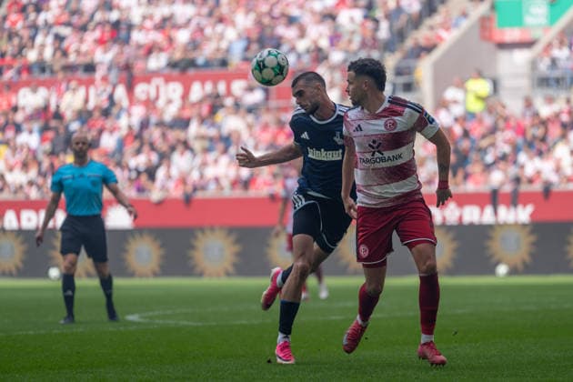 Rasim Bulic (MSV Duisburg) scored with a header in the 6th minute ahead of Yassine Bouchama (Fortuna Düsseldorf), Matchday 5: Fortuna Düsseldorf vs. MSV Duisburg, Soccer, 3rd Division, Matchday 5, 2026–27 Season, September 12, 2026, DFL regulations prohibit any use of photographs as image sequences and or quasi-video. Fortuna Düsseldorf vs. MSV Duisburg, soccer, 3. Liga, Matchday 5, 2026–27 season, September 12, 2026, Düsseldorf Copyright: xEibner-Pressefoto LukasxBaldygax EP_LBA