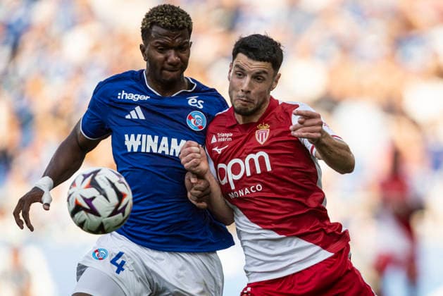FOOTBALL: RC Strasbourg Alsace v AS Monaco Matchday 4 Ligue 1 McDonald s - 12 09 2026 Matthis Abline 11 (AS Monaco) et Jeyland Mitchell 4 (Racing de Strasbourg) StrasbourgFrance  Copyright: xx