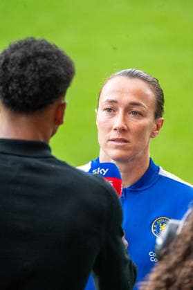 MANCHESTER, ENGLAND - September 13: Lucy Bronze (Chelsea) being interviewed before the Barclays Womens Super League game between Manchester United, ManU and Chelsea at The Progress with Unity Stadium on September 3, 2026 in Manchester, England. (Photo by Clare Overfield Sports Press Photo) Copyright: xClarexOverfield xSPPx Sportspressphoto_SPR229521