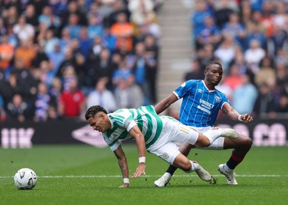 Olwethu Makhanya of Rangers in action with Camilo Duran of Celtic during Premier Sports Cup Quarter-Final match at Ibrox Stadium, Glasgow. Rangers v Celtic - Premier Sports Cup Quarter-Final - Ibrox Stadium, Glasgow, Lanarkshire, Scotland, UK - 13 Sep 2026Glasgow Ibrox Stadium Lanarkshire, Scotland United Kingdom EDITORIAL USE ONLY  Copyright: xRangersxFC Shutterstockx 17149143a