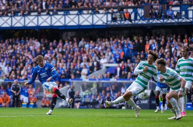 Rangers captain Dan Neil scores to give Rangers a 1-0 lead. Rangers v Celtic, Premier Sports Cup Quarter-final, football, Ibrox Stadium, Glasgow, UK, Scotland - 13 Sep 2026Glasgow Ibrox Stadium Scotland United Kingdom  Copyright: xStuartxWallace Shutterstockx 17149154b