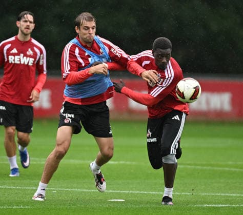 September 13, 2026, xophax, Soccer, 1. Bundesliga, 1 FC Köln Training Session After the Werder Match: Joel Schmied (left, 1 FC Köln) and Ragnar Ache (right, 1 FC Köln). DFL and DFB regulations prohibit any use of photographs as image sequences and or quasi-video. Cologne