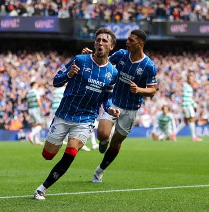 Dan Neil of Rangers celebrates scoring his sides first goal during Premier Sports Cup Quarter-Final match at Ibrox Stadium, Glasgow. Rangers v Celtic - Premier Sports Cup Quarter-Final - Ibrox Stadium, Glasgow, Lanarkshire, Scotland, UK - 13 Sep 2026Glasgow Ibrox Stadium Lanarkshire, Scotland United Kingdom EDITORIAL USE ONLY  Copyright: xRangersxFC Shutterstockx 17149143n