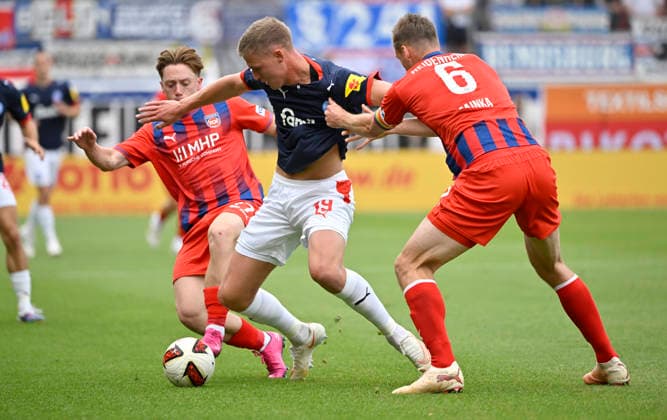 Tackle, Action: Phil Harres (Holstein Kiel 19) vs. Patrick Mainka (1 FC Heidenheim 1846 FCH) 06 Michael Heule (1 FC Heidenheim 1846 FCH) 27 1 FC Heidenheim 1846 FCH vs. Holstein Kiel KSV 13 09 2026 DFL regulations prohibit any use of photographs as image sequences and or quasi-video. 1 FC Heidenheim 1846 FCH vs. Holstein Kiel KSV